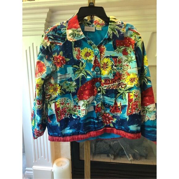Studio Works Women’s Blue Floral Beach Graphic Beaded Design Button Up Blazer Ja - Picture 1 of 7
